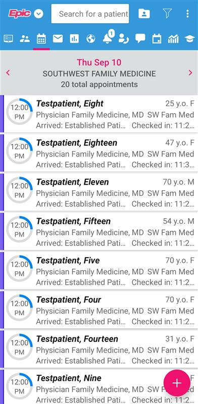 Haiku clinic schedule listing the day's appointments with arrival and check-in times