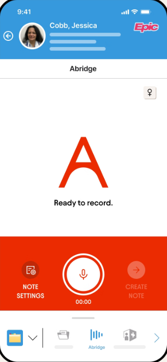 Haiku on iPhone with the Abridge tab selected in the bottom toolbar and the Ready to record screen open