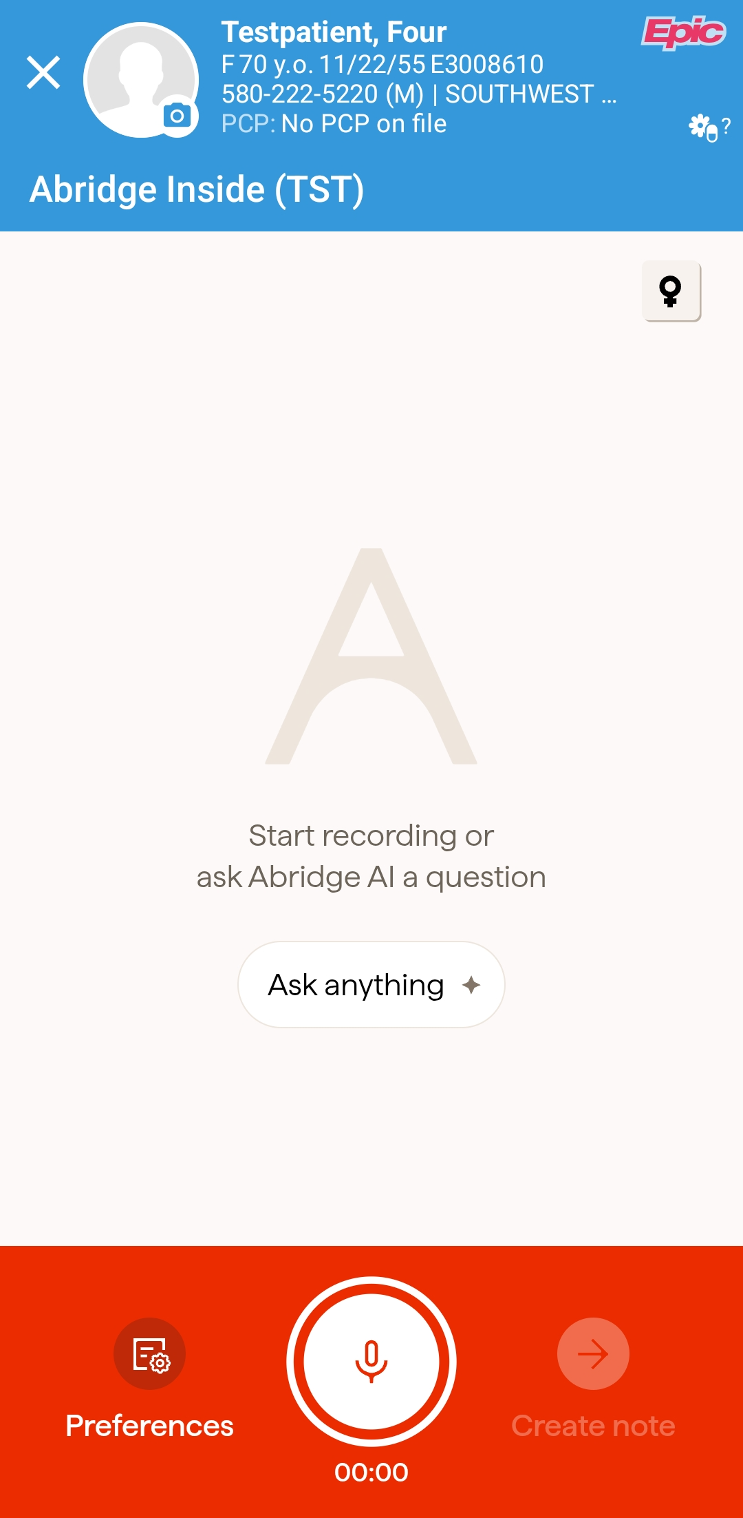 Abridge start screen with the microphone record button at the bottom center and the timer at zero