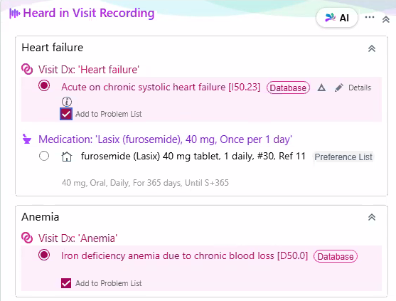 Heard in Visit Recording section with a Heart failure group, where Acute on chronic systolic heart failure is selected with Add to Problem List checked and a furosemide 40 mg order below, and an Anemia group with Iron deficiency anemia due to chronic blood loss selected