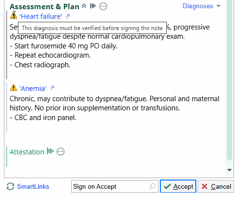 The same Assessment and Plan with the pointer on the warning sign and the tooltip This diagnosis must be verified before signing the note