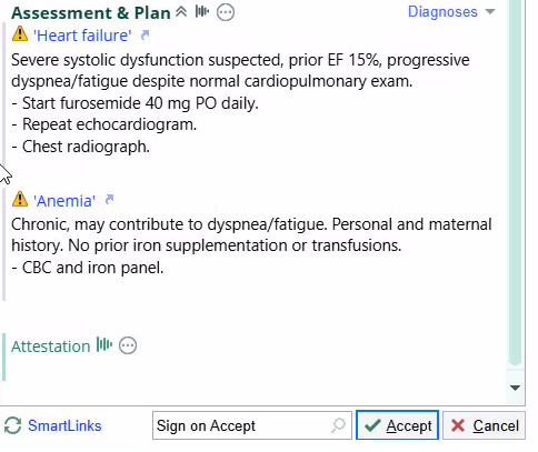 Assessment and Plan with unverified headers Heart failure and Anemia in quotes, each with a yellow warning sign