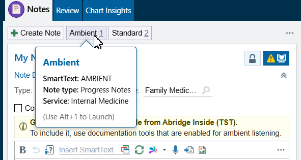 Notes activity with the Ambient speed button hovered, showing SmartText AMBIENT, note type Progress Notes, Service Internal Medicine, and Use Alt+1 to Launch