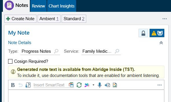 New note with a banner reading Generated note text is available from Abridge, and the instruction to use documentation tools enabled for ambient listening