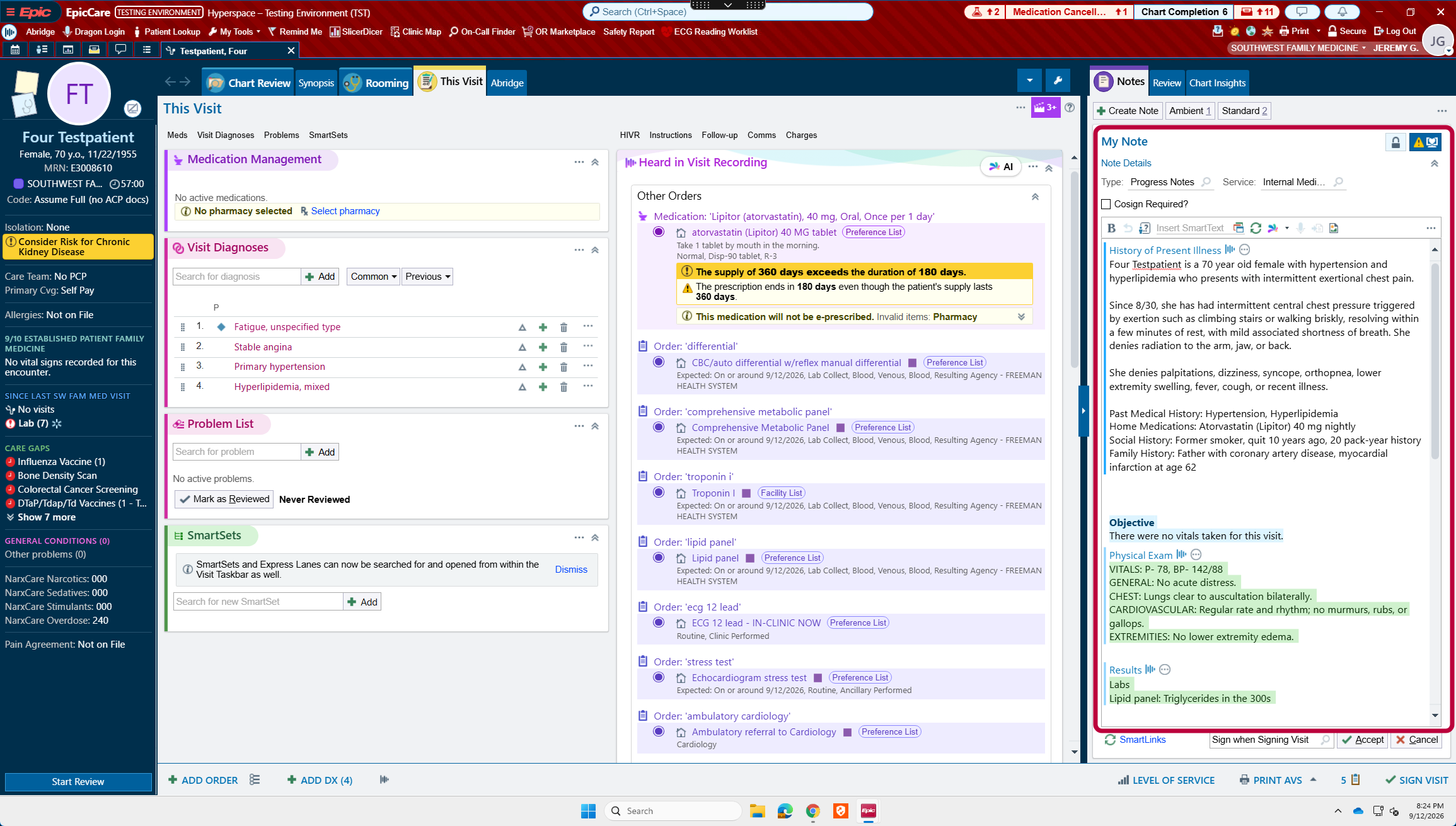 Full Hyperspace window with the pulled in ambient draft outlined in red in the Notes panel, beside the Heard in Visit Recording orders and the visit diagnoses