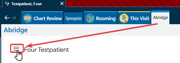 Abridge activity tab open in Hyperspace with the triple line settings button beside the patient name