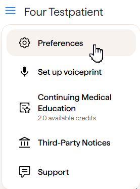 Abridge settings menu with Preferences, Set up voiceprint, Continuing Medical Education, Third-Party Notices, and Support