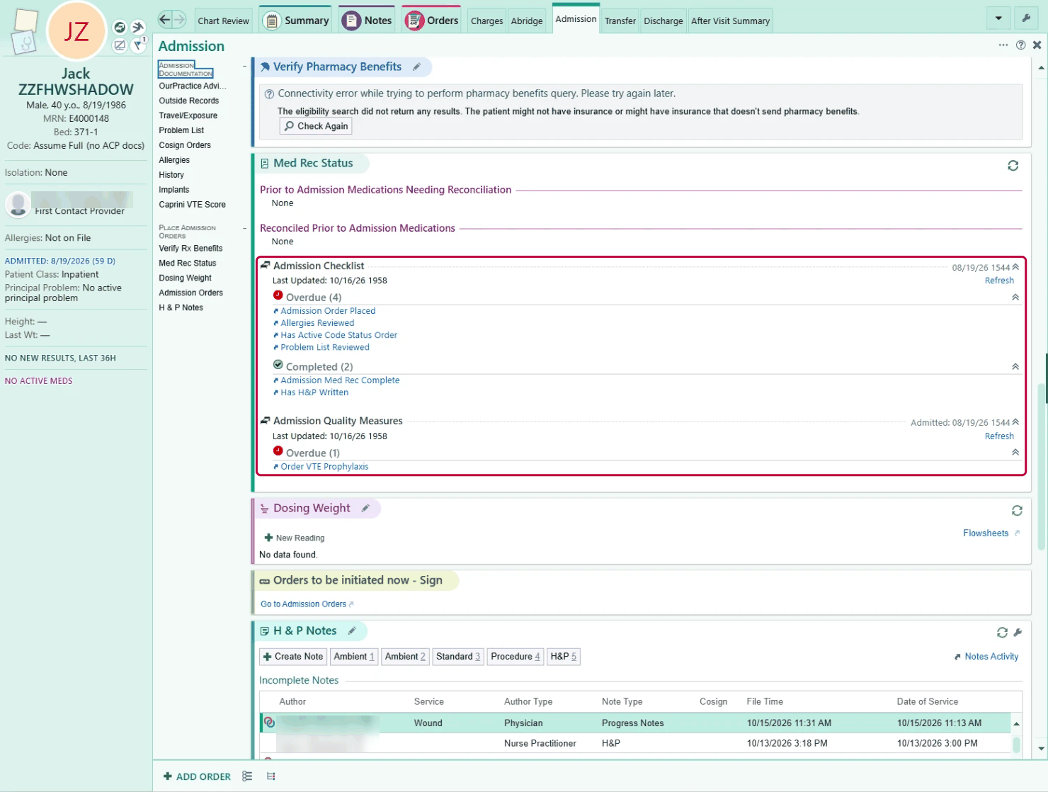 Lower in the Admission navigator: Med Rec Status with the Admission Checklist outlined, listing overdue and completed admission tasks