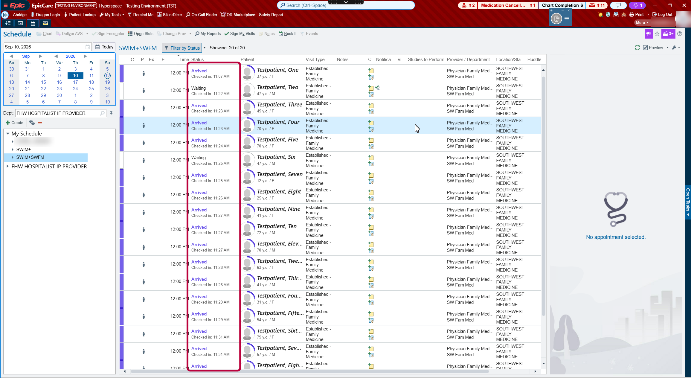 Clinic schedule in the Epic test environment: calendar on the left, the day's test patients with the arrival status column outlined, visit type, and department