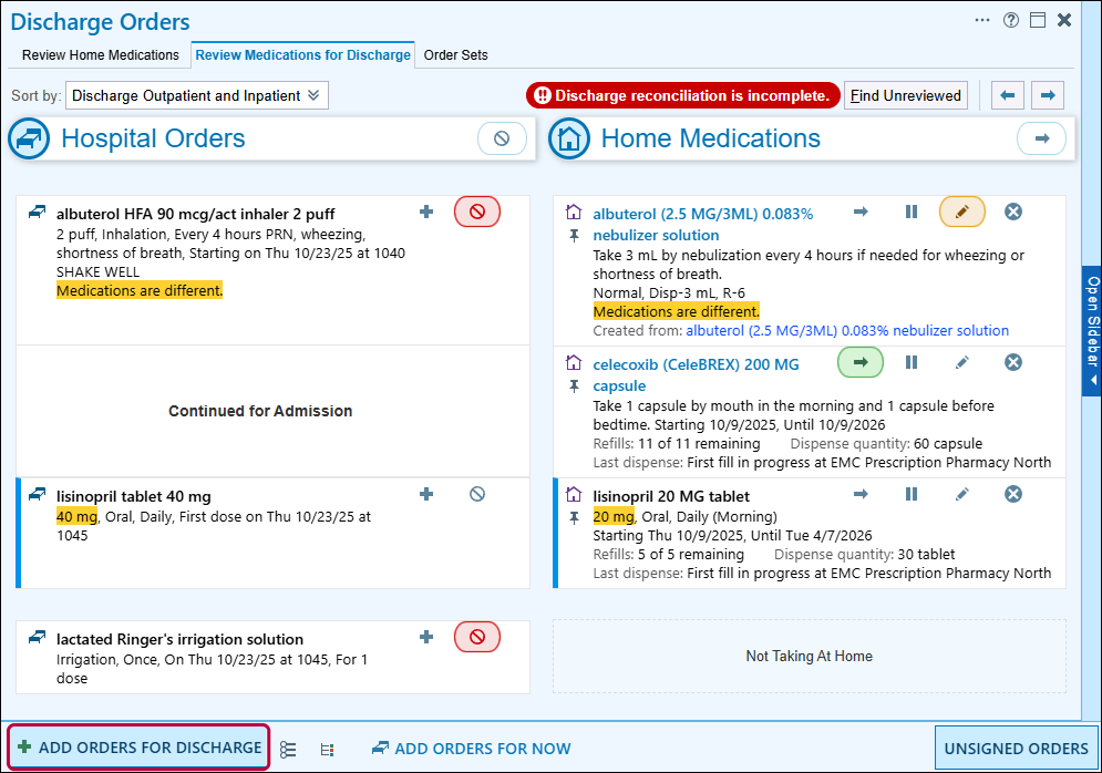 Discharge medication reconciliation with hospital orders beside home medications and Add Orders for Discharge outlined