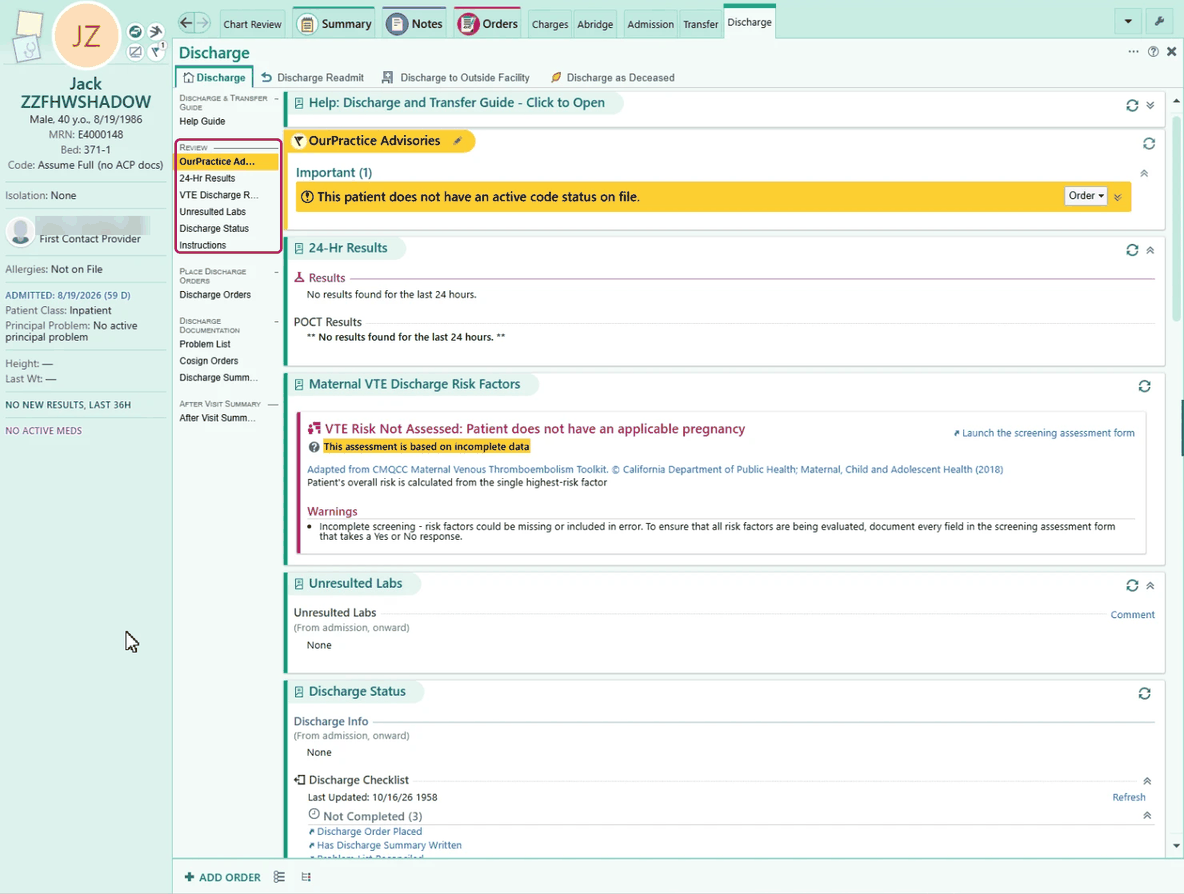 Animation stepping through the Discharge navigator for a test patient: review, discharge orders, problem list, cosign orders, discharge summary, and the After Visit Summary, each section outlined in turn