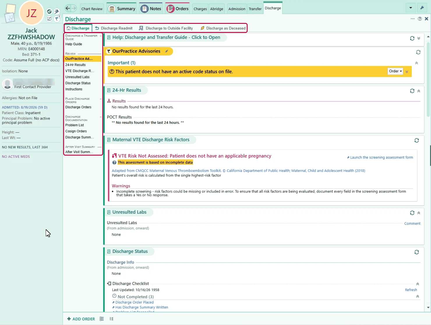 Discharge navigator with the Discharge, Discharge Readmit, Discharge to Outside Facility, and Discharge as Deceased tabs outlined, and its sections outlined down the left