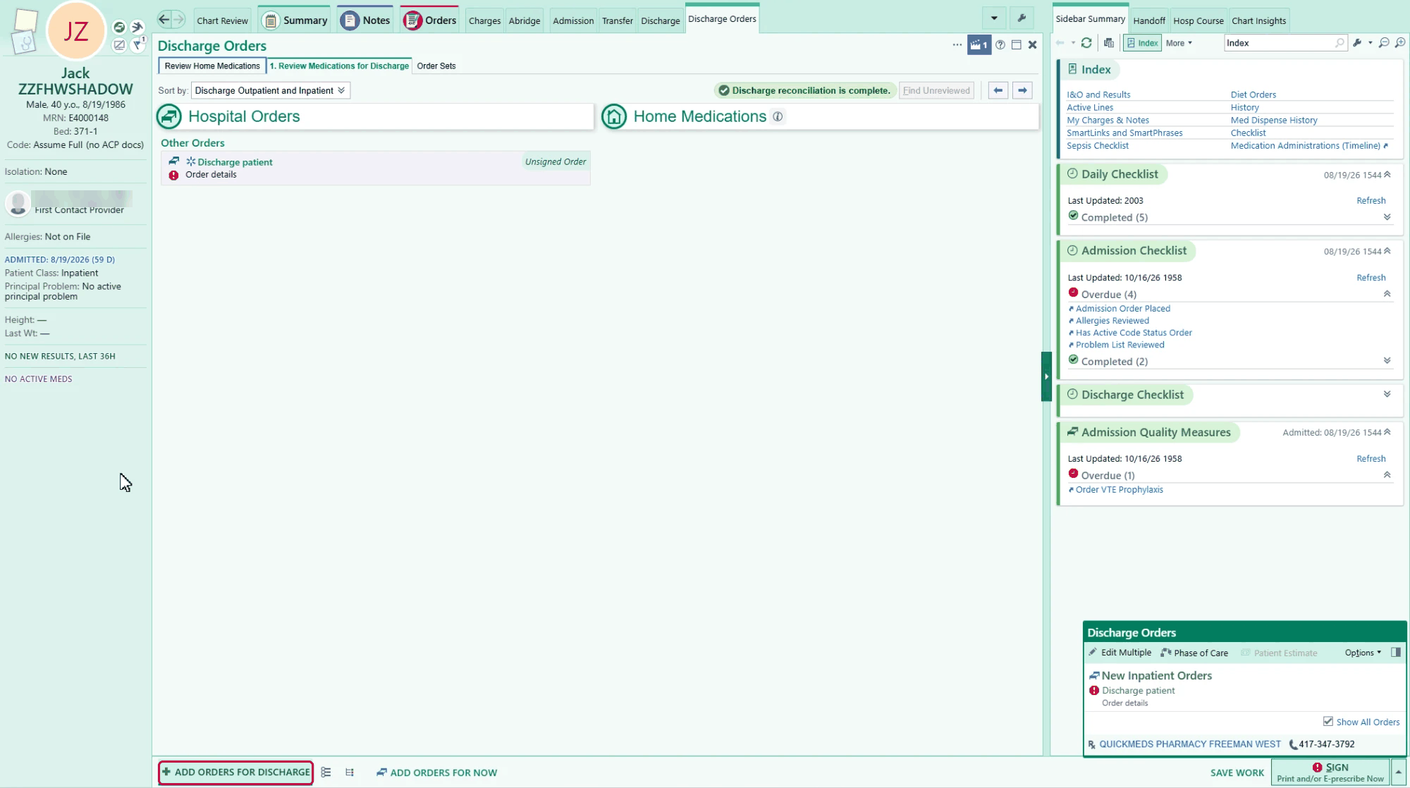 Discharge Orders with Review Medications for Discharge and Add Orders for Discharge outlined at the bottom