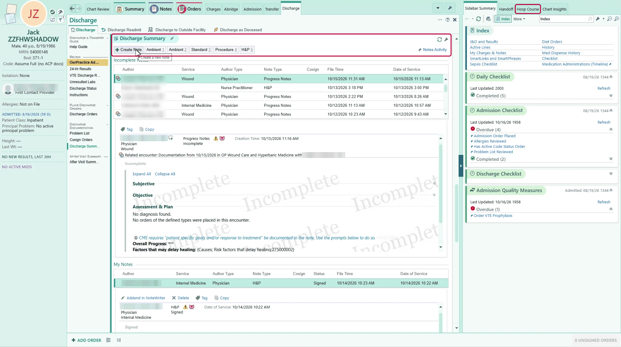 Discharge Summary section of the Discharge navigator with its note buttons outlined, and the Hosp Course tab outlined in the sidebar