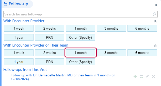Follow-up section with speed buttons by interval and the 1 month button outlined, and the follow-up it created listed below
