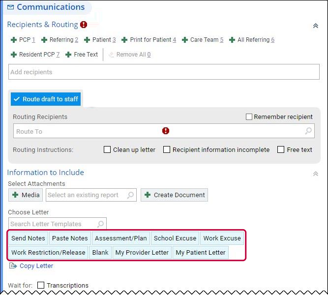 Communications section with recipients, routing, and the letter template buttons outlined
