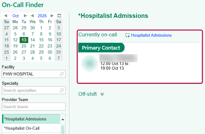 On-Call Finder with the currently on-call primary contact for a service outlined (name blurred)