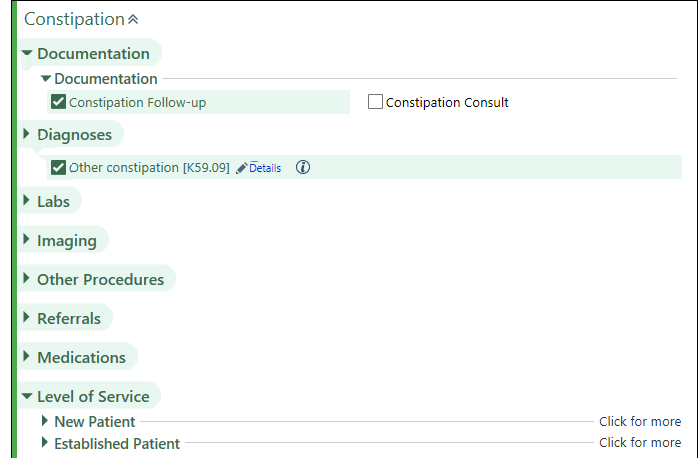 A SmartSet open in the visit with sections for documentation, diagnoses, labs, imaging, procedures, referrals, medications, and level of service