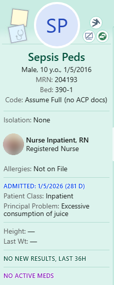 Patient Storyboard for a test patient