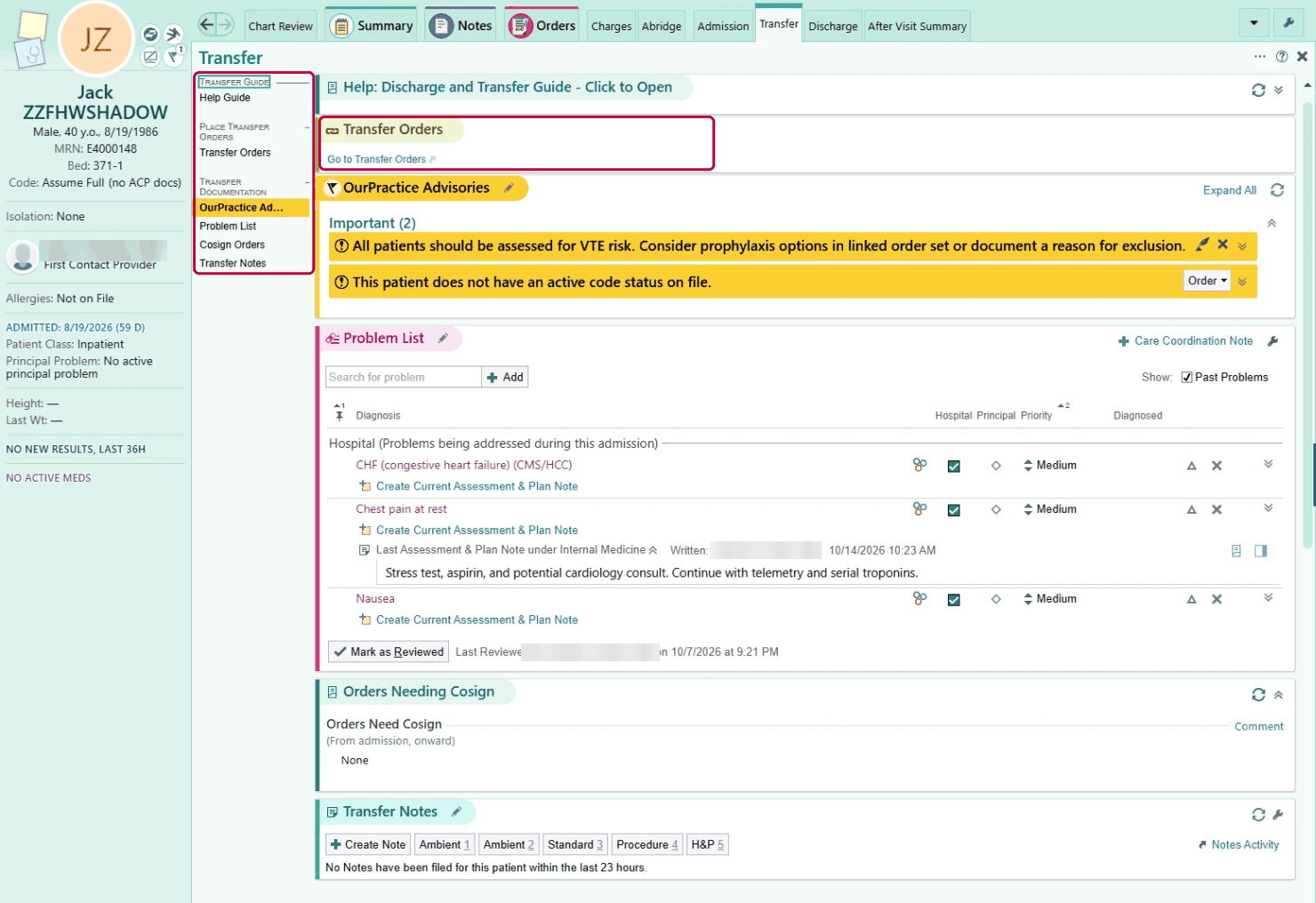 Transfer navigator in a test patient's chart with its sections outlined down the left and the Transfer Orders section outlined