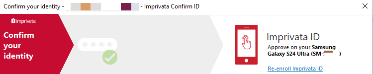 Imprivata Confirm your identity bar: password accepted, now asking you to approve on your enrolled phone