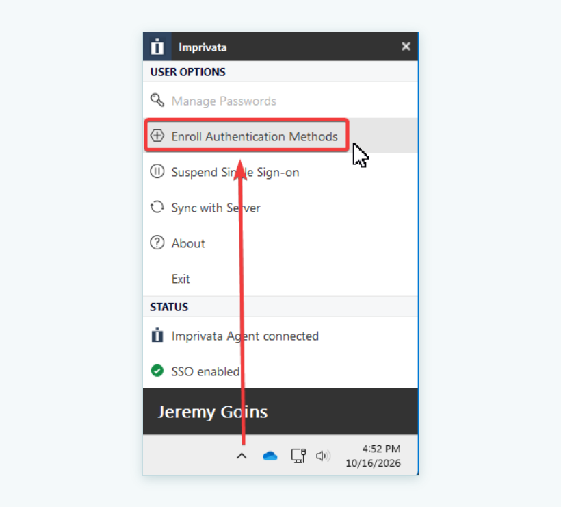 Imprivata menu with Enroll Authentication Methods outlined