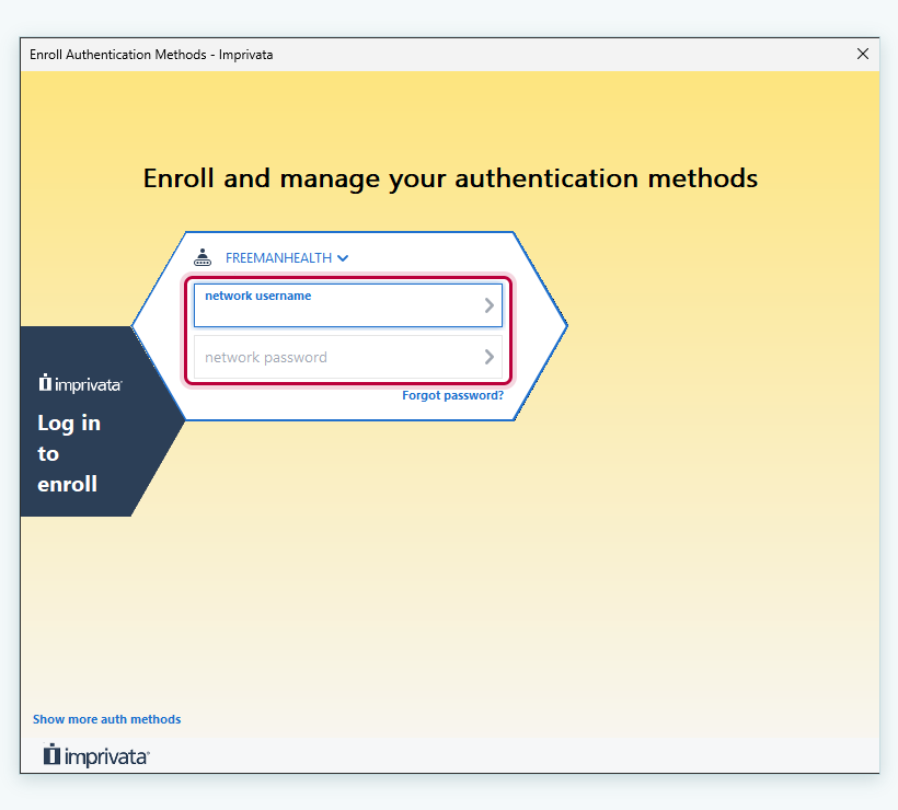 Imprivata Enroll and manage your authentication methods window with the network username and password fields outlined