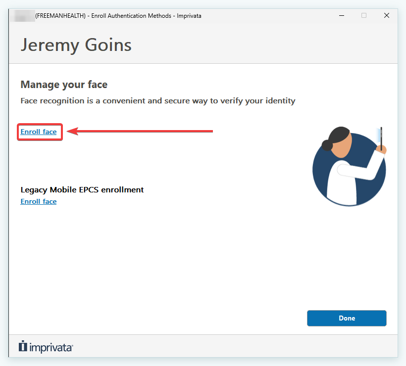 Imprivata Manage your face page with the top Enroll face link outlined
