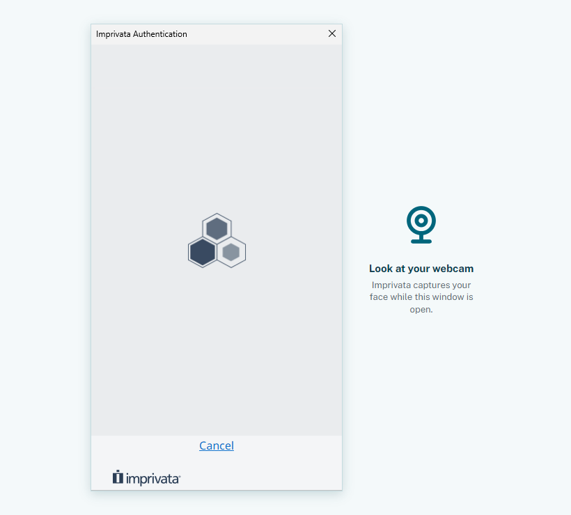 Imprivata Authentication window capturing a face, beside a note to look at your webcam