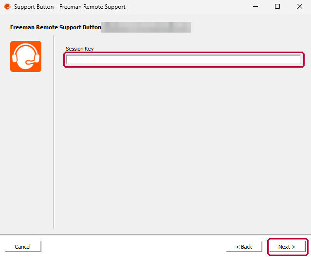 Freeman Remote Support Button window with the Session Key field and the Next button outlined