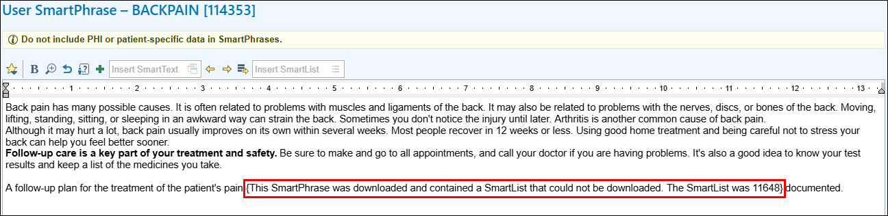 SmartPhrase Editor showing the BACKPAIN phrase with a red boxed sentence reading that a SmartList could not be downloaded, in place of the missing SmartList
