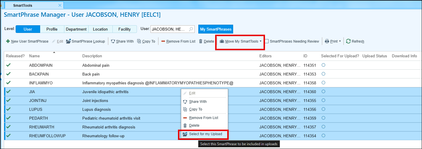 Epic SmartPhrase Manager with several SmartPhrases selected, the right-click menu open on Select for my Upload, and Move My SmartTools highlighted on the toolbar