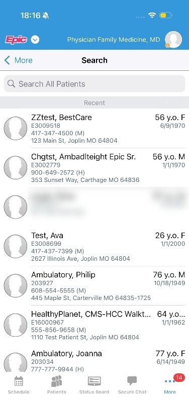 Haiku Search screen with the Search All Patients box above a list of recent test patients