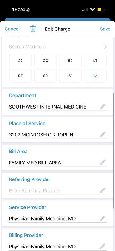 Edit Charge further down: Department, Place of Service, Bill Area, Referring, Service, and Billing Provider