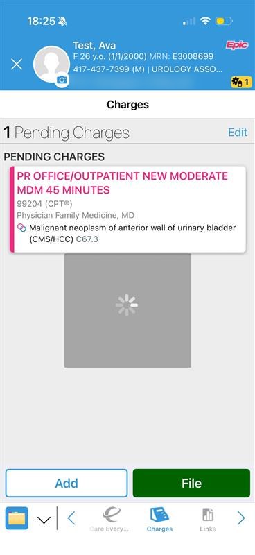 Pending charge with a diagnosis associated and the File button