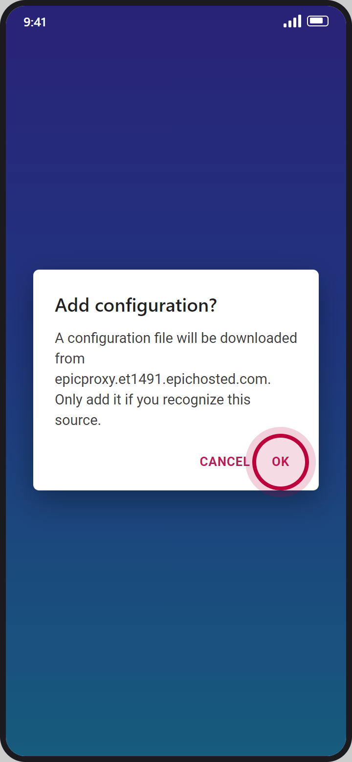 Add configuration pop-up naming epicproxy.et1491.epichosted.com, with a red circle on OK