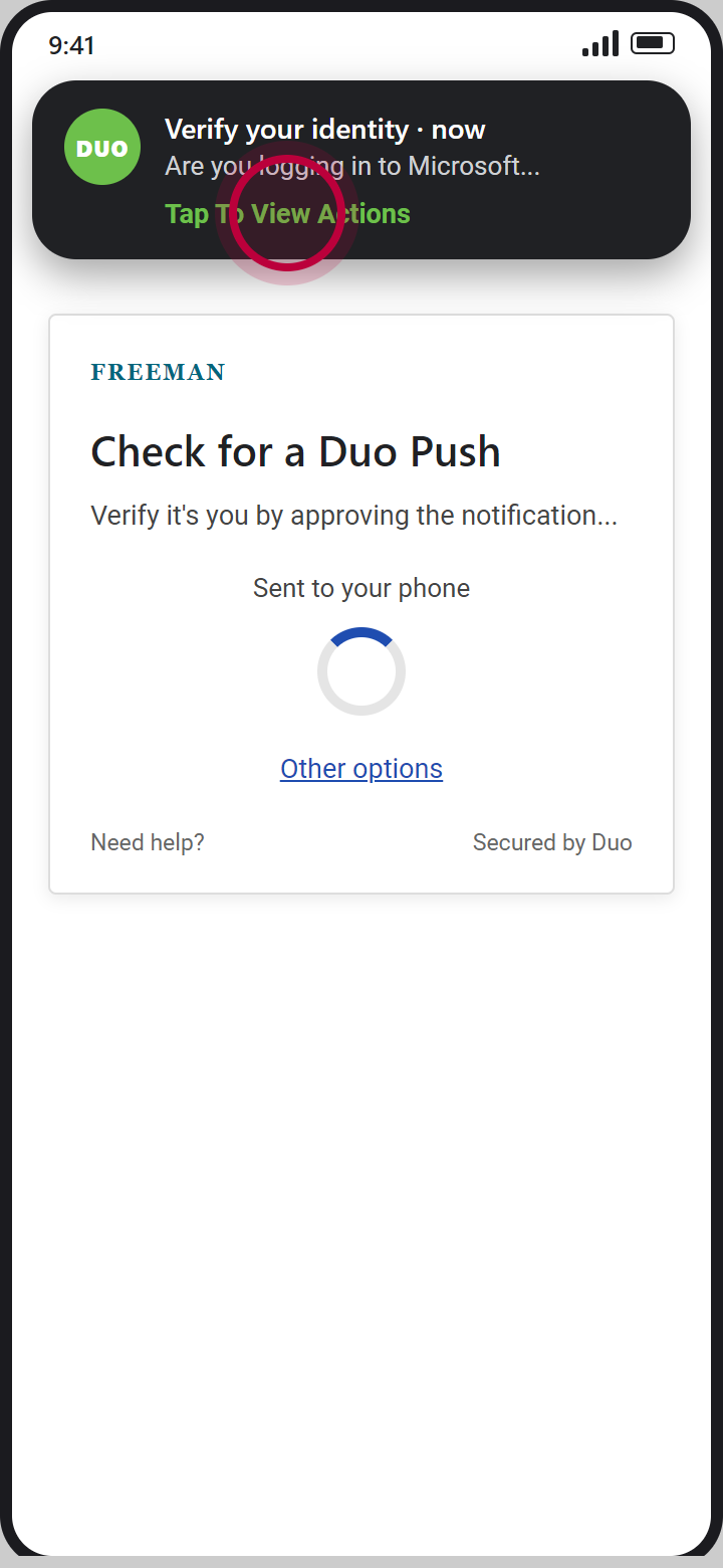 Duo notification reading Verify your identity, with a red circle on Tap To View Actions, over the Check for a Duo Push page