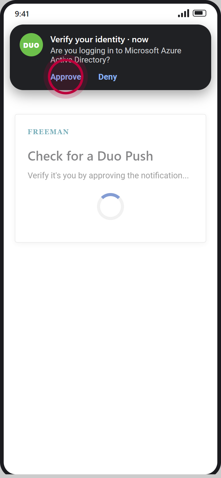 Expanded Duo notification asking Are you logging in to Microsoft Azure Active Directory, with a red circle on Approve