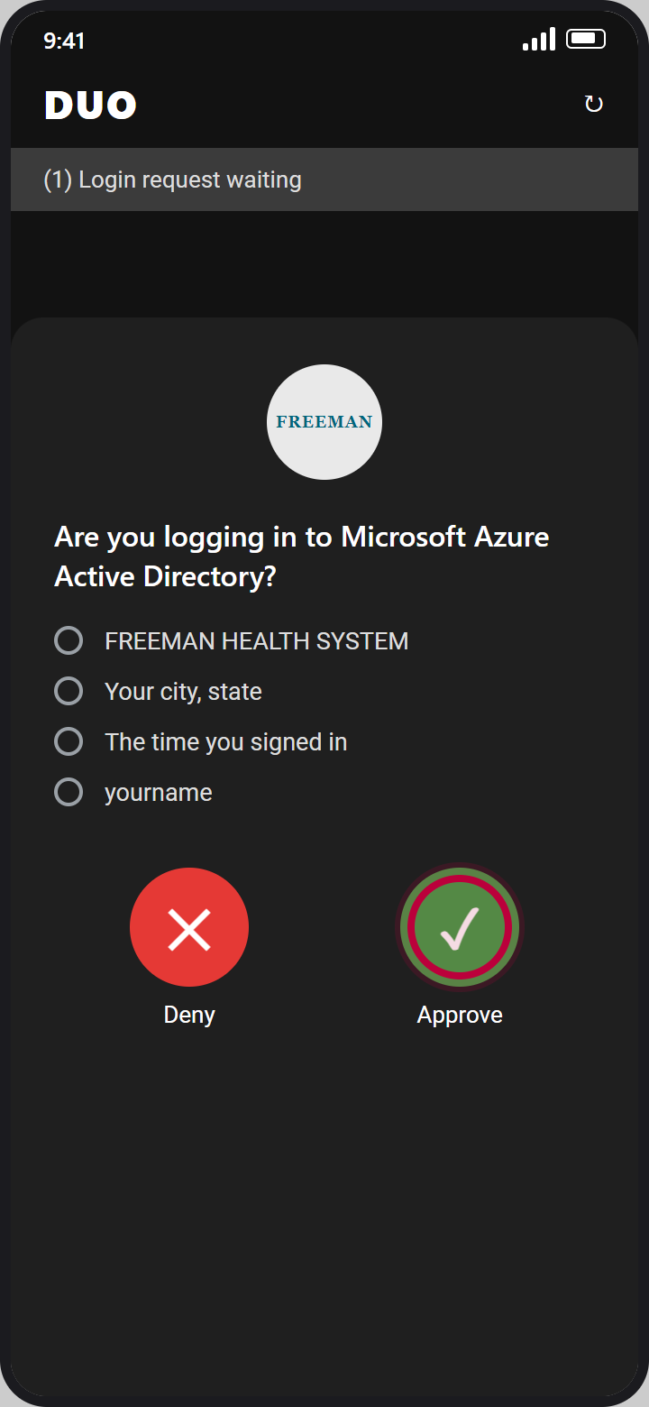 Duo app login request for Freeman Health System with a red circle on the green Approve button