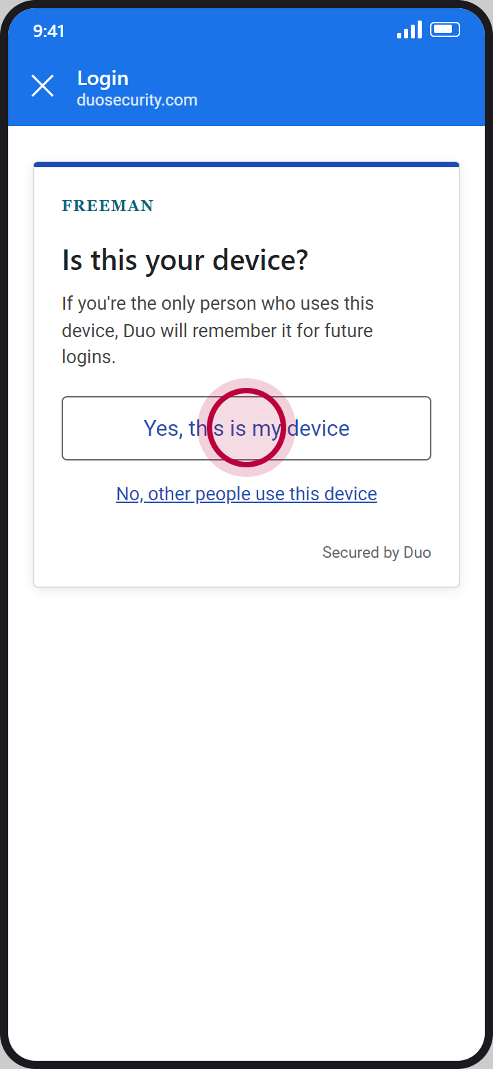 Duo page asking Is this your device, with a red circle on Yes, this is my device