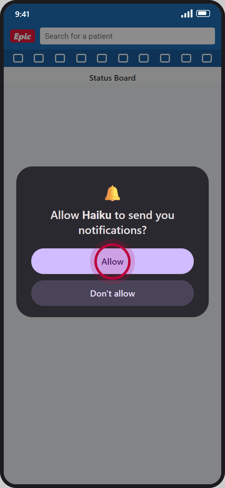 Haiku pop-up asking Allow Haiku to send you notifications, with a red circle on Allow