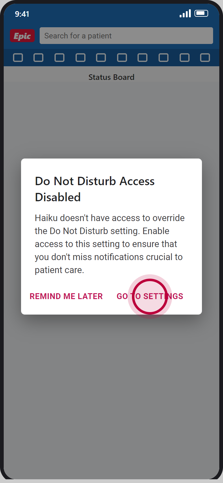Haiku pop-up reading Do Not Disturb Access Disabled, with a red circle on Go to Settings