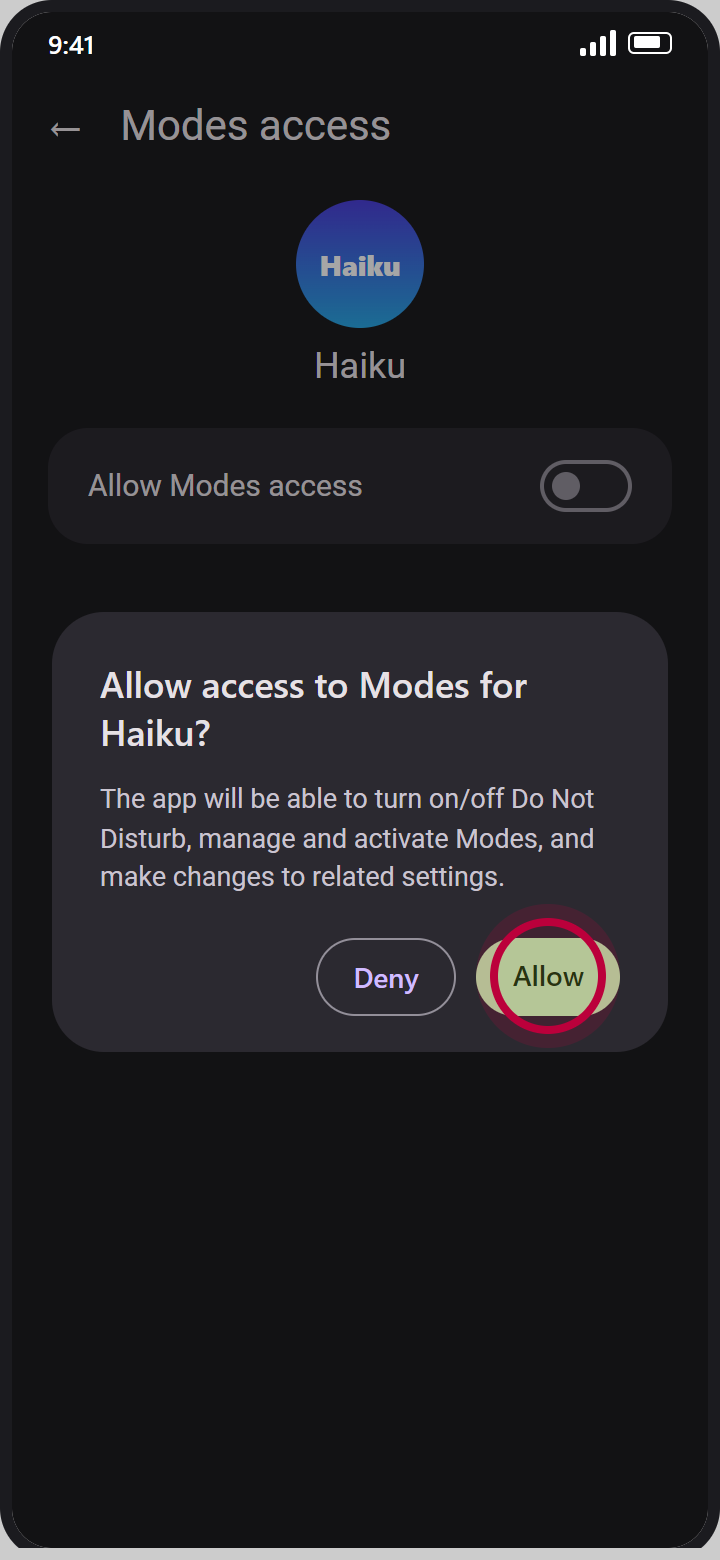 Phone settings pop-up asking Allow access to Modes for Haiku, with a red circle on Allow