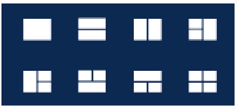 Eight viewport layouts, from a single viewport to a two by two grid