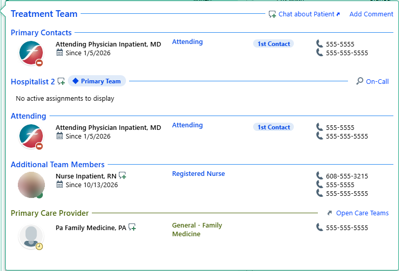 Treatment Team window: Primary Contacts with the attending marked 1st Contact, the Hospitalist 2 primary team, Additional Team Members, and the Primary Care Provider