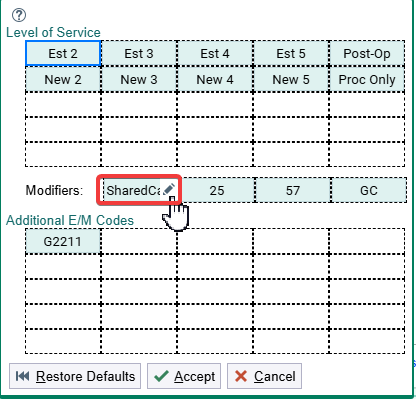 Speed button editor with the SharedCare modifier button outlined and its pencil icon under the pointer
