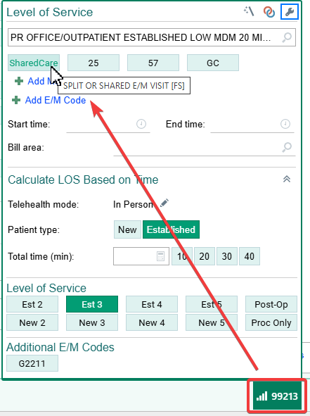 Level of Service section with Est 3 selected and the SharedCare modifier button showing the tooltip Split or shared E/M visit [FS]; an arrow runs from the 99213 level of service button to SharedCare