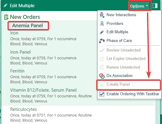 Epic New Orders pane containing an Anemia Panel; in the Options menu, Create Panel is grayed out