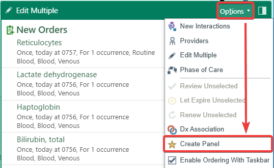 Epic New Orders pane with four lab orders selected and the Options menu open, Create Panel highlighted