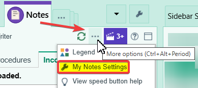Open note toolbar with the More options dots menu showing My Notes Settings